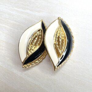 Vintage Trifari Black & White Enamel Leaf Clip-On Earrings